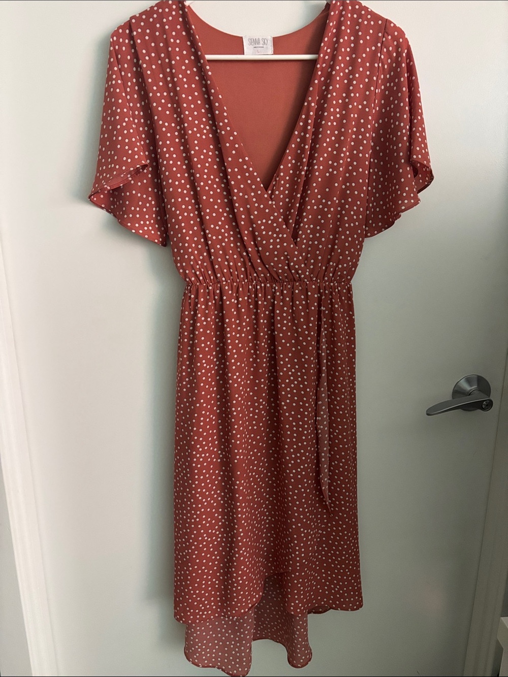 Sienna Sky Rust Dot Wrap-Style Midi Dress